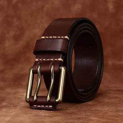 Genuine Leather Double Pin Buckle Belt – Retro Top-Grain Cowhide Handmade Men's Belt