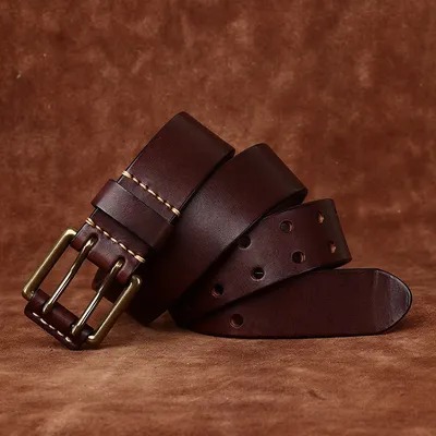 Genuine Leather Double Pin Buckle Belt – Retro Top-Grain Cowhide Handmade Men's Belt