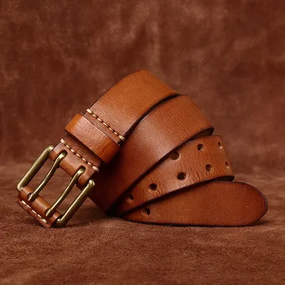 Genuine Leather Double Pin Buckle Belt – Retro Top-Grain Cowhide Handmade Men's Belt