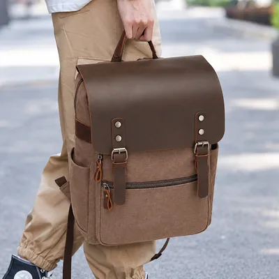 Retro Waxed Canvas Backpack with Crazy Horse Leather – Men’s Travel & Laptop Bag