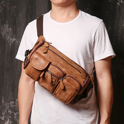 Genuine Leather Men’s Mountain Waist Bag – High-End Crazy Horse Chest, Shoulder & Messenger Bag