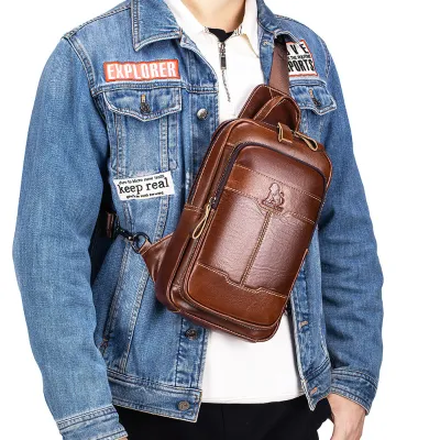 Genuine Leather Men's Chest Bag – Top-Grain Cowhide Oil-Waxed Crossbody Bag