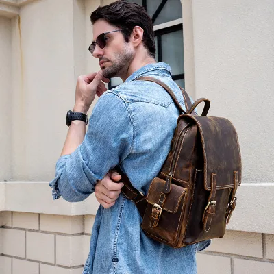 Genuine Crazy Horse Leather Men’s Retro Backpack – Top-Grain Cowhide Travel Backpack