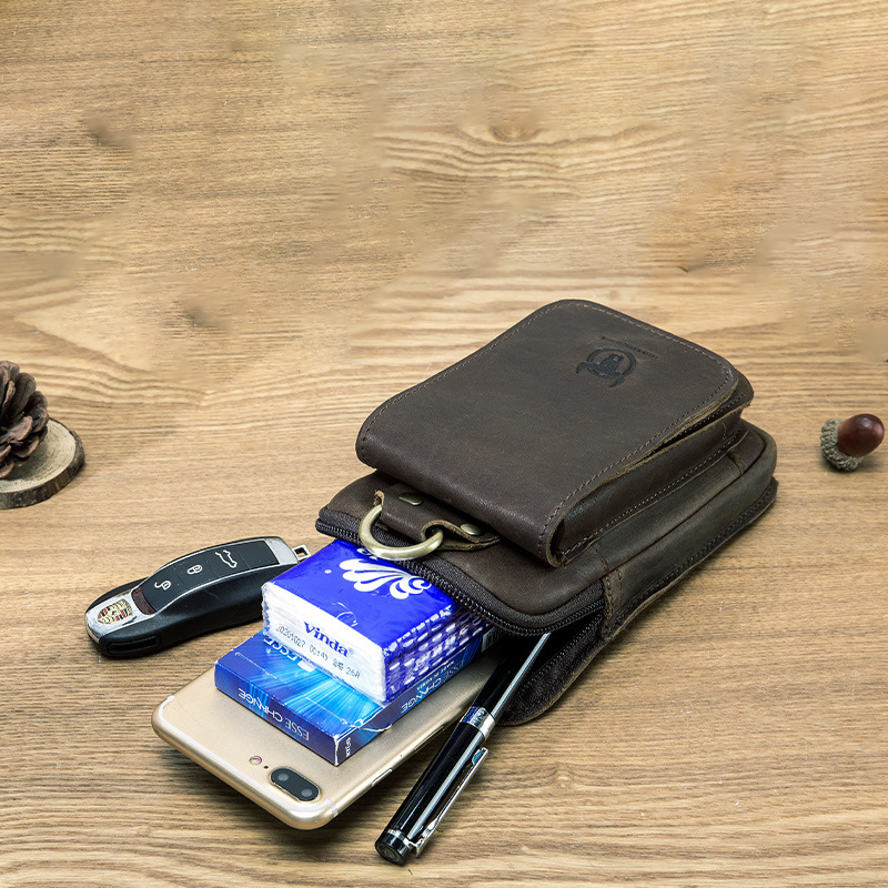 BULLCAPTAIN Genuine Leather Waist Bag – Men’s Cowhide Small Summer Pouch with Hook Design