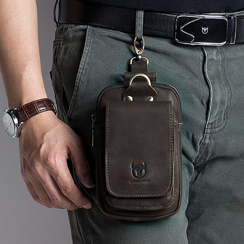 BULLCAPTAIN Genuine Leather Waist Bag – Men’s Cowhide Small Summer Pouch with Hook Design