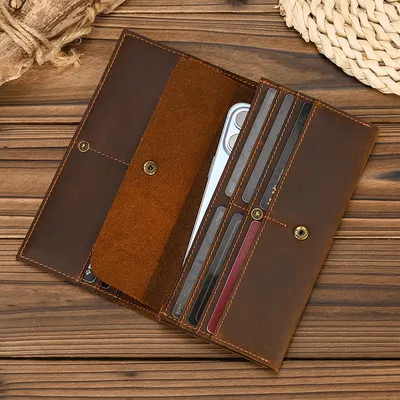 Top-Grain Cowhide Crazy Horse Leather Slim Long Wallet for Men