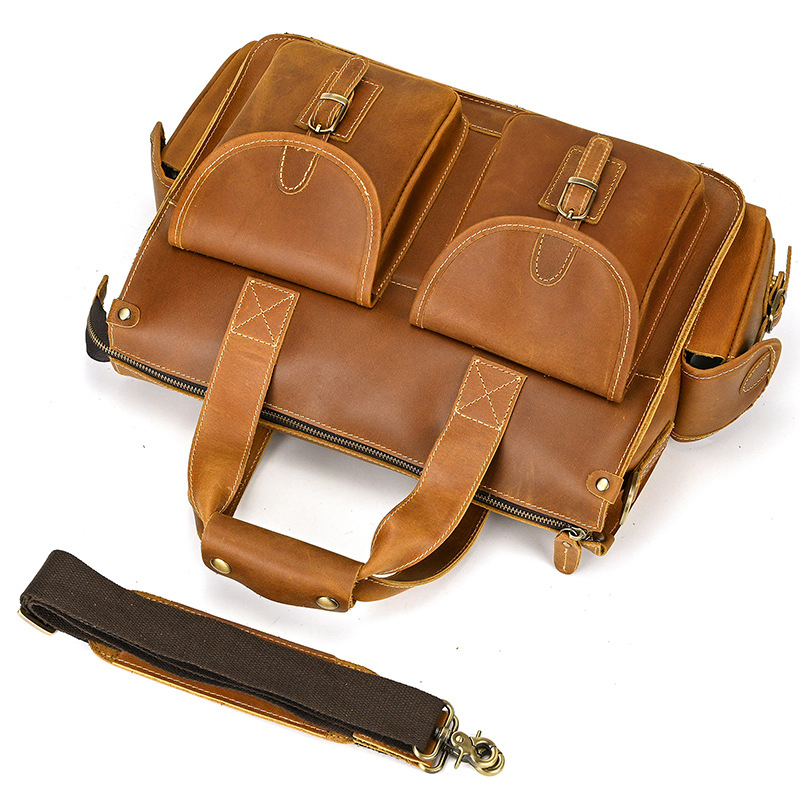 Genuine Crazy Horse Leather Business Briefcase – Top-Grain Cowhide Retro Laptop Bag for Men