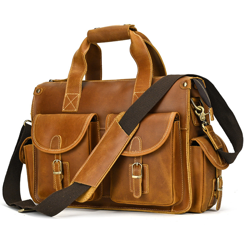 Genuine Crazy Horse Leather Business Briefcase – Top-Grain Cowhide Retro Laptop Bag for Men