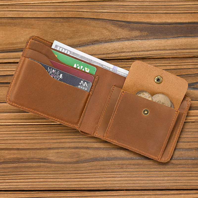 Genuine Crazy Horse Leather Men’s Short Wallet – Top-Grain Cowhide Retro Bifold Wallet