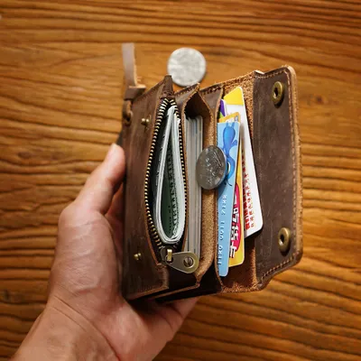 Genuine Top-Grain Cowhide Card Holder – Handmade Crazy Horse Leather Minimalist Zipper Wallet