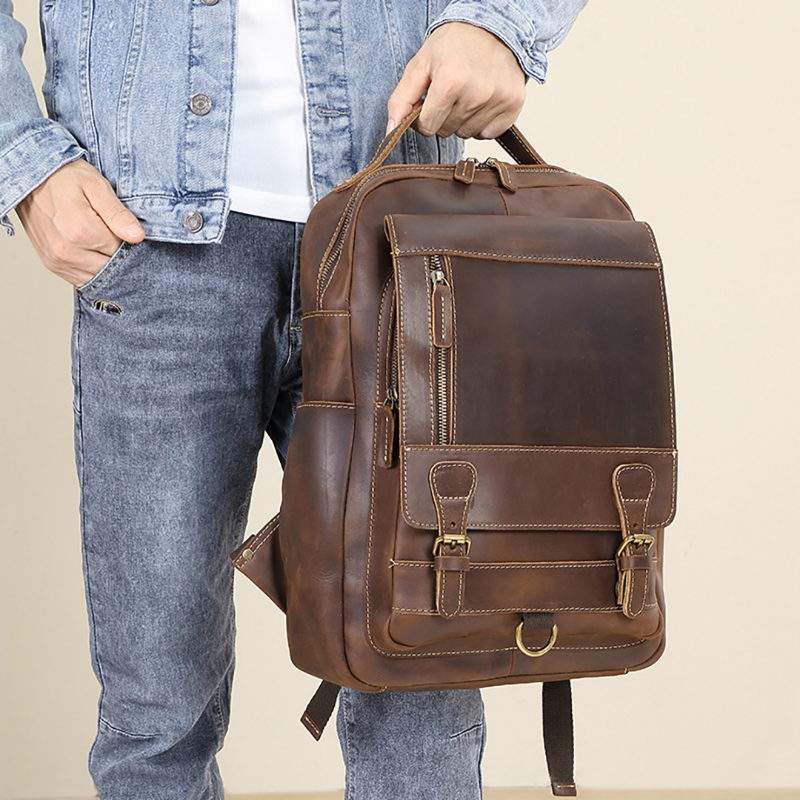 Crazy Horse Genuine Leather Backpack – Top-Grain Cowhide Business Laptop Travel Backpack