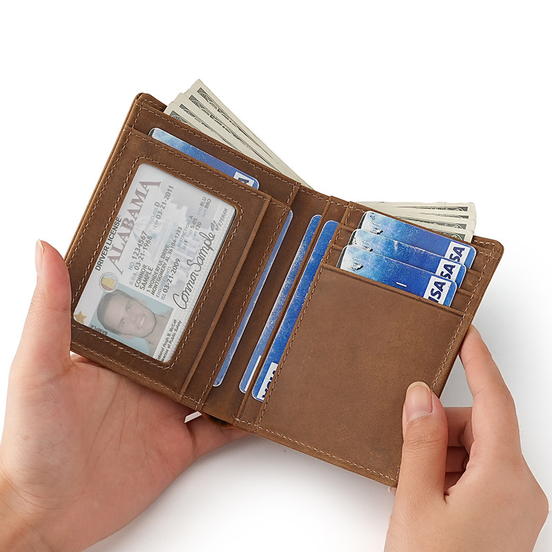 Genuine Crazy Horse Leather Men's Short Wallet | RFID Blocking Top-Grain Cowhide Vertical Wallet