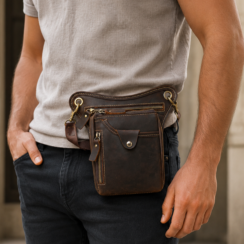 Retro Genuine Leather Waist Bag – Crazy Horse Cowhide Leg Bag & Mobile Phone Bag for Men