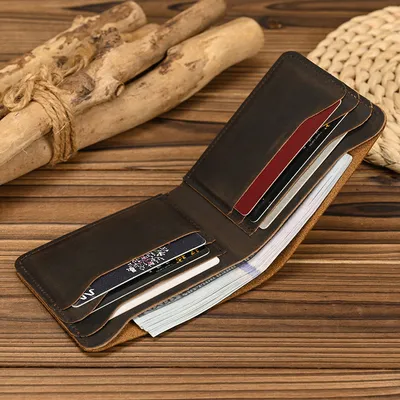 Top-Grain Crazy Horse Leather Short Wallet – Genuine Leather Minimalist Bifold Wallet for Men