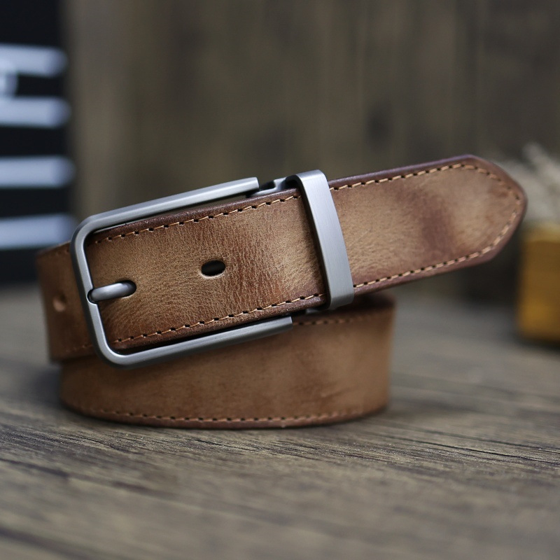 Handmade Top-Grain Cowhide Leather Belt – Genuine Leather Pin Buckle Retro Belt for Men