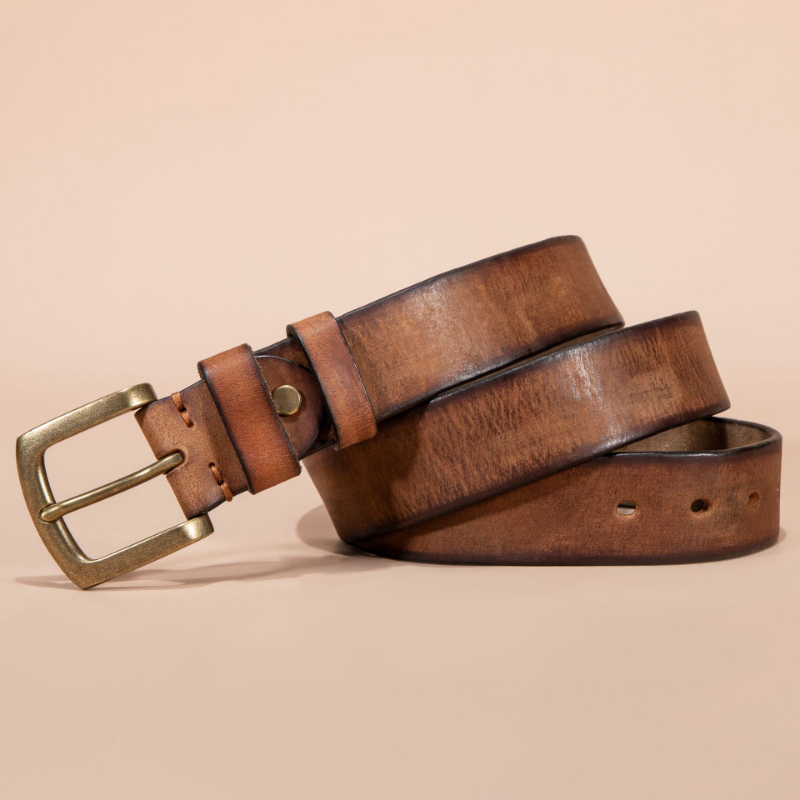 Top-Grain Cowhide Leather Belt for Men – Genuine Leather Retro Copper Pin Buckle Belt