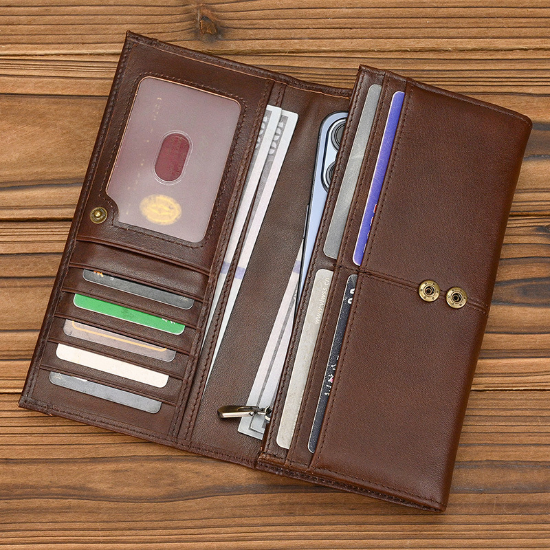 Genuine Top-Grain Cowhide Leather Tri-Fold Long Wallet