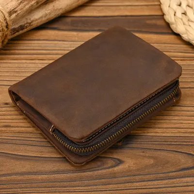 Retro Crazy Horse Leather Short Wallet – Top-Grain Cowhide Bifold Wallet with Zipper Coin Pocket