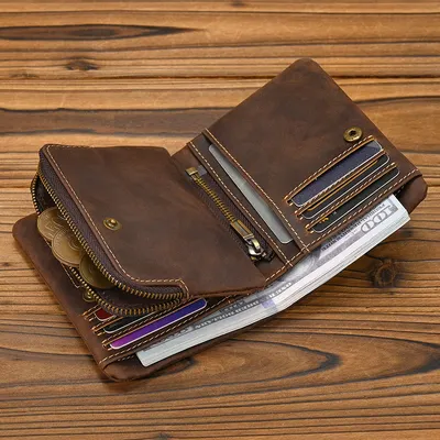 Retro Crazy Horse Leather Short Wallet – Top-Grain Cowhide Bifold Wallet with Zipper Coin Pocket