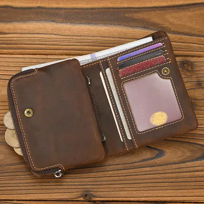 Retro Crazy Horse Leather Short Wallet – Top-Grain Cowhide Bifold Wallet with Zipper Coin Pocket