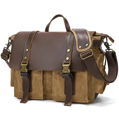 Large Capacity Retro Canvas Crazy Horse Leather Crossbody Bag – 15″ Laptop Motorcycle Shoulder Bag