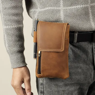 Genuine Leather Magnetic Phone Waist Bag – Retro Cowhide Belt Pouch for Men