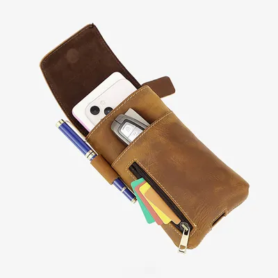 Genuine Leather Magnetic Phone Waist Bag – Retro Cowhide Belt Pouch for Men