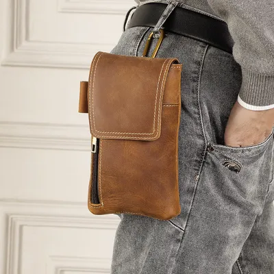 Genuine Leather Magnetic Phone Waist Bag – Retro Cowhide Belt Pouch for Men