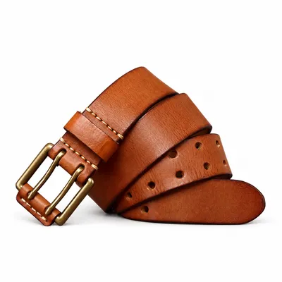 Genuine Leather Double Pin Buckle Belt – Handmade Retro Cowhide Belt for Men