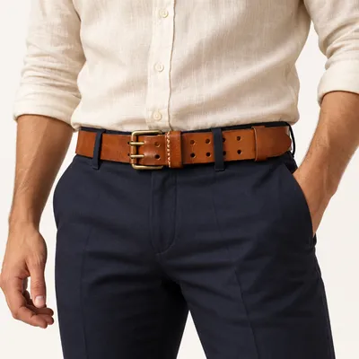 Genuine Leather Double Pin Buckle Belt – Handmade Retro Cowhide Belt for Men