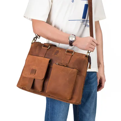 Genuine Crazy Horse Leather Briefcase – 16″ Laptop Business Bag