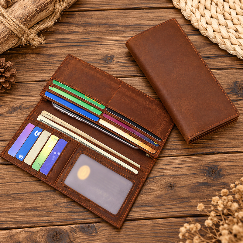Genuine Crazy Horse Leather Long Wallet – Top-Grain Cowhide Retro Clutch Wallet