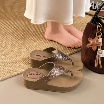 WOMEN’S STYLISH PLATFORM FLIP FLOPS WITH GLITTERING SEQUINS