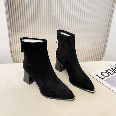 POINTED TOE THICK HEEL FASHION BOOTS FOR WOMEN