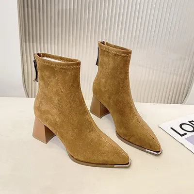 POINTED TOE THICK HEEL FASHION BOOTS FOR WOMEN