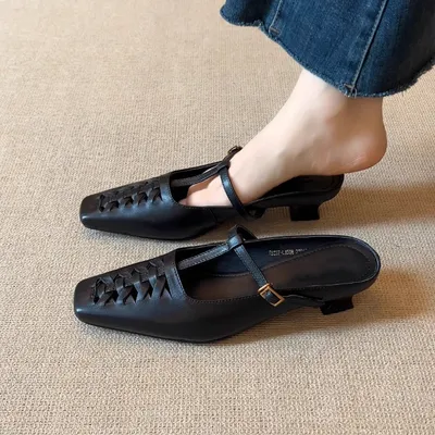 RETRO WOVEN SQUARE TOE MULES, VERSATILE T SHAPED STRAPS