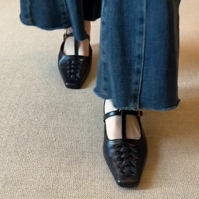 RETRO WOVEN SQUARE TOE MULES, VERSATILE T SHAPED STRAPS