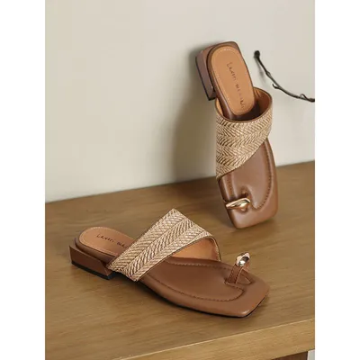 OUTWEAR HANDMADE STRAW RETRO VACATION STYLE 2025 SUMMER ONE TOE BEACH HALF SWELL WOMEN’S HOMEMADE WOVEN SANDALS