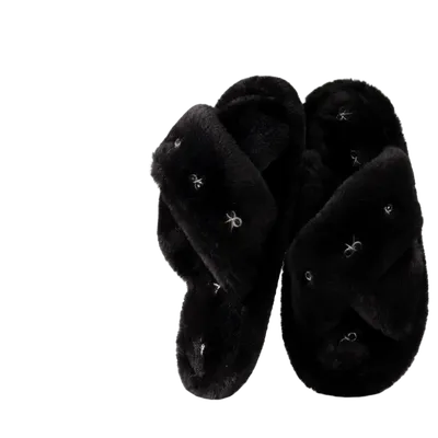 CROSS PLUSH SLIPPERS BOWS WINTER WARM FLAT