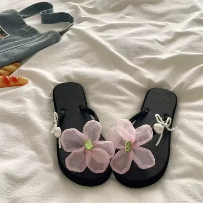  SUMMER PINK FLORAL PEARL FLIP FLOPS FOR GIRLS, PERFECT FOR VACATIONS, BEACHES