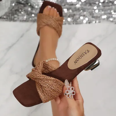 FABRIC SQUARE TOE LOW HEELED SLIPPERS, SUITABLE FOR SUMMER WEAR