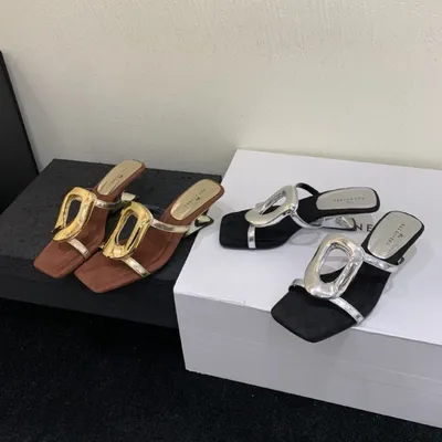 French style metal square buckle flip flops for women