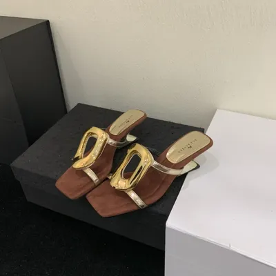 French style metal square buckle flip flops for women