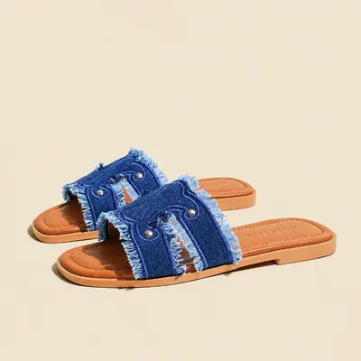 Genuine Leather Denim Slippers