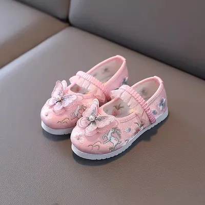 Princess 3D Butterfly Embroidered Mary Jane Flats for Girls