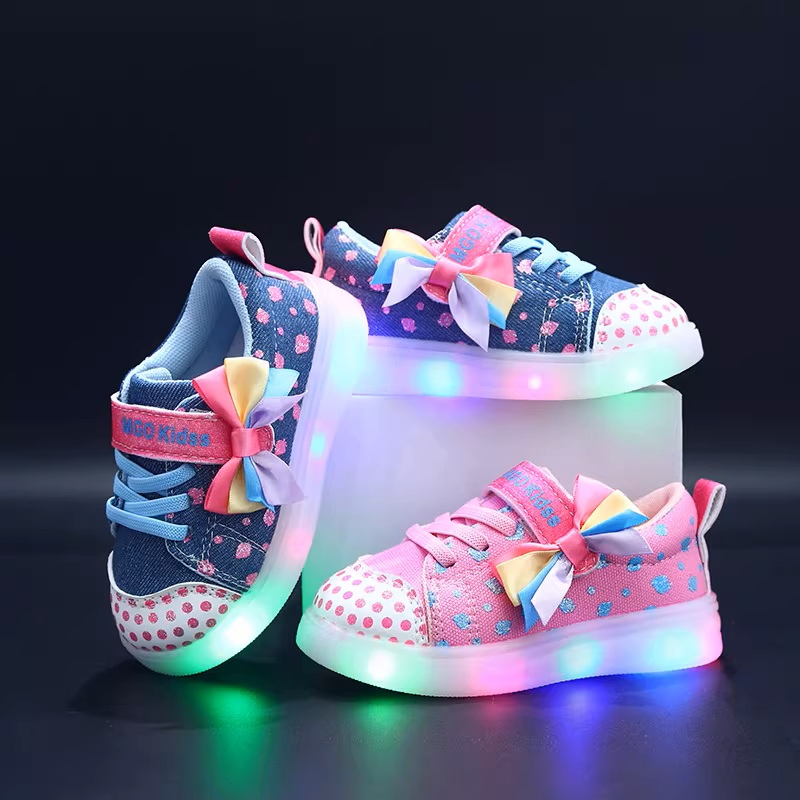 Girls' Rainbow Bow LED Light-Up Sneakers - Sparkly Polka Dot Canvas Glow Shoes✨👟