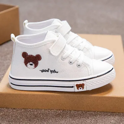 Teddy Bear White Canvas Sneakers – Cute High-Top Baby Shoes (Unisex)