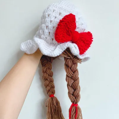 Handmade Crochet Braided Girl Hat – Cute Cherry & Bow Design Winter/Summer Cap