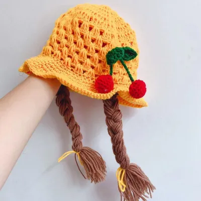 Handmade Crochet Braided Girl Hat – Cute Cherry & Bow Design Winter/Summer Cap