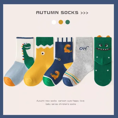 DinoFun Kids Cotton Socks – Cute Cartoon Dinosaur Series – 5 Pairs Set